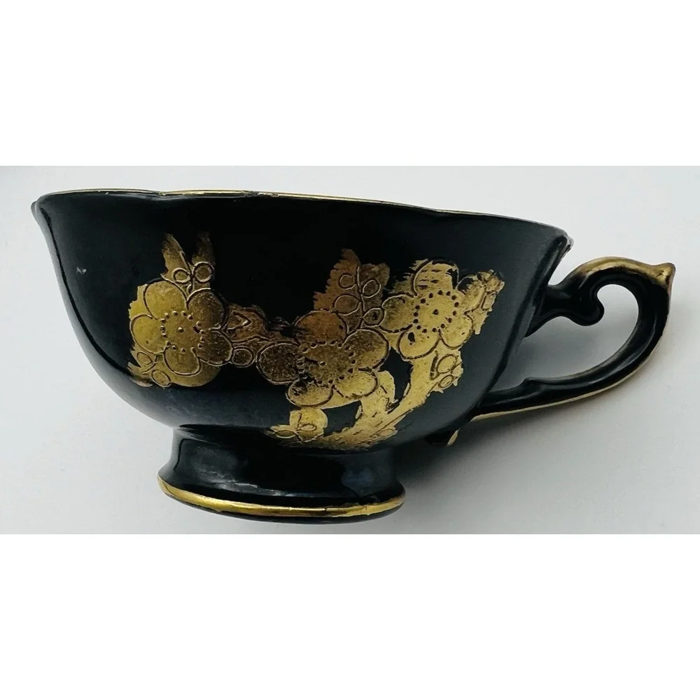 Trimont Teacup Saucer Set Black Gold Moriage Jeweled Floral Japan Vintage China